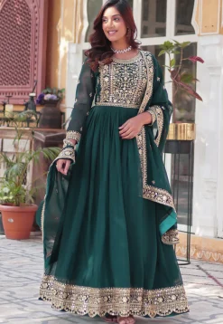 Embroidered Georgette Abaya Style Suit in Teal Green