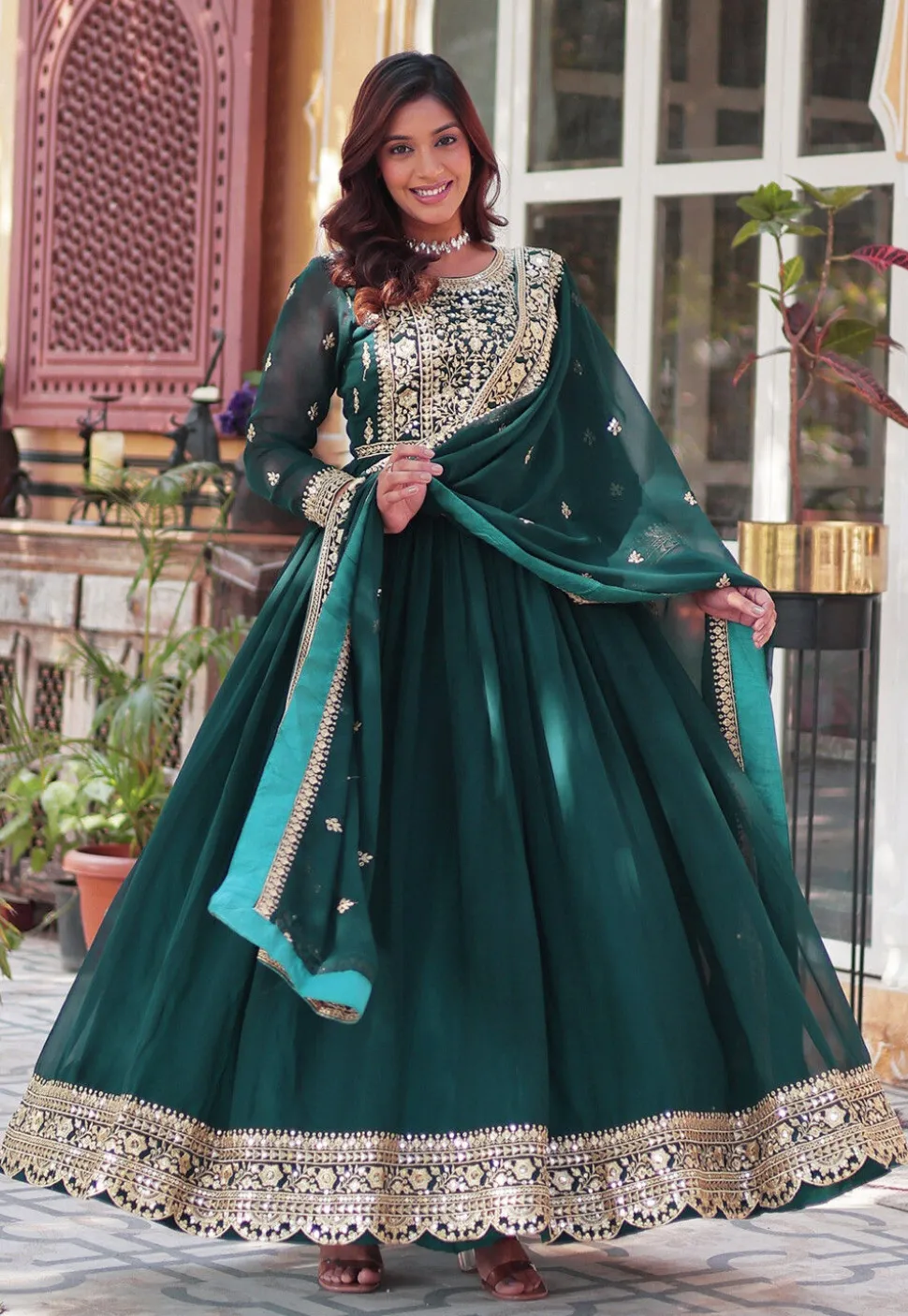 Embroidered Georgette Abaya Style Suit in Teal Green