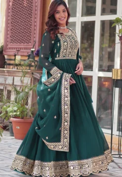 Embroidered Georgette Abaya Style Suit in Teal Green