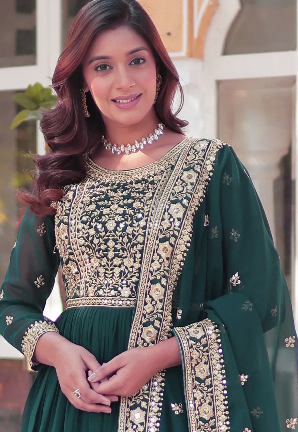 Embroidered Georgette Abaya Style Suit in Teal Green