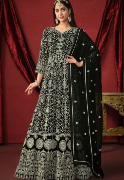 Embroidered Georgette Abaya Style Suit in Black
