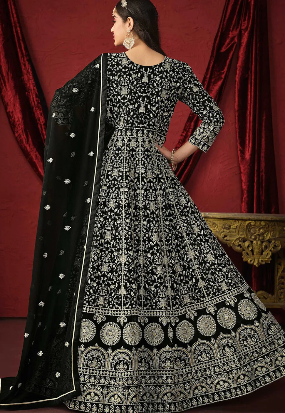 Embroidered Georgette Abaya Style Suit in Black