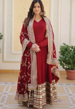 Embroidered Georgette Abaya Style Suit in Maroon