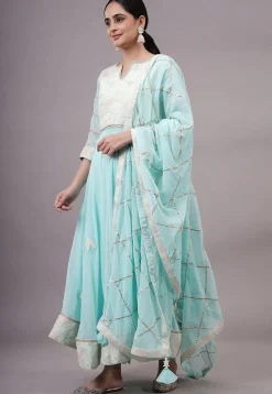 Embroidered Georgette Abaya Style Suit in Sky Blue