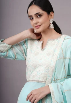 Embroidered Georgette Abaya Style Suit in Sky Blue