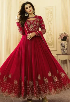 Embroidered Georgette Abaya Style Suit in Fuchsia