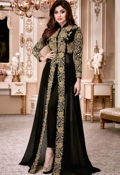 Embroidered Georgette Abaya Style Suit in Black