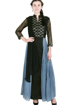 Embroidered Georgette Abaya Style Suit in Black and Dusty Blue