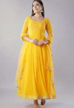Embroidered Georgette Abaya Style Suit in Yellow