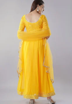 Embroidered Georgette Abaya Style Suit in Yellow