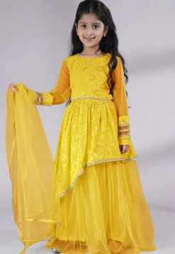 Embroidered Georgette Abaya Style Suit in Yellow