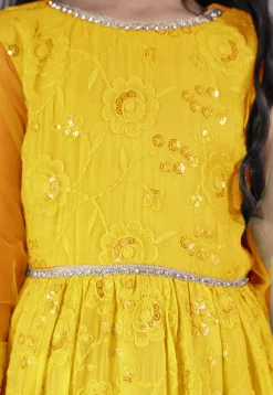 Embroidered Georgette Abaya Style Suit in Yellow
