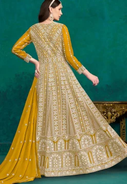 Embroidered Georgette Abaya Style Suit in Mustard
