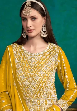 Embroidered Georgette Abaya Style Suit in Mustard