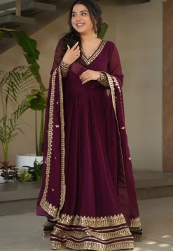 Embroidered Georgette Abaya Style Suit in Purple