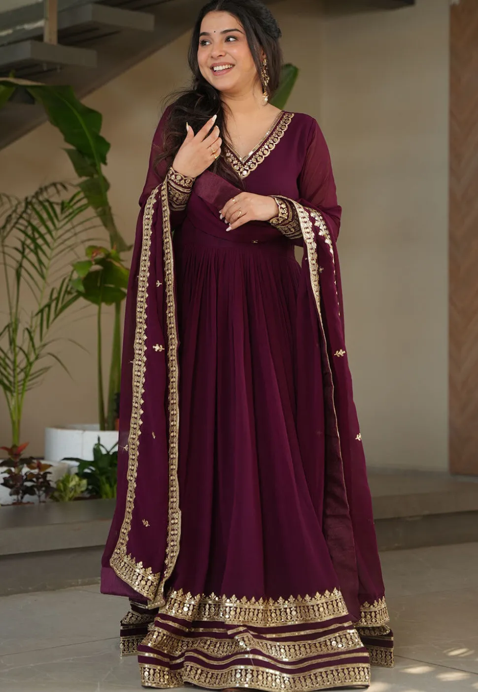 Embroidered Georgette Abaya Style Suit in Purple