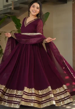 Embroidered Georgette Abaya Style Suit in Purple