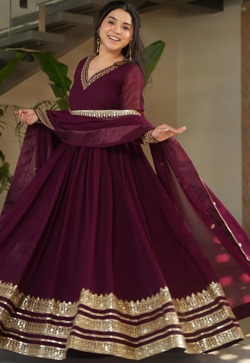 Embroidered Georgette Abaya Style Suit in Purple