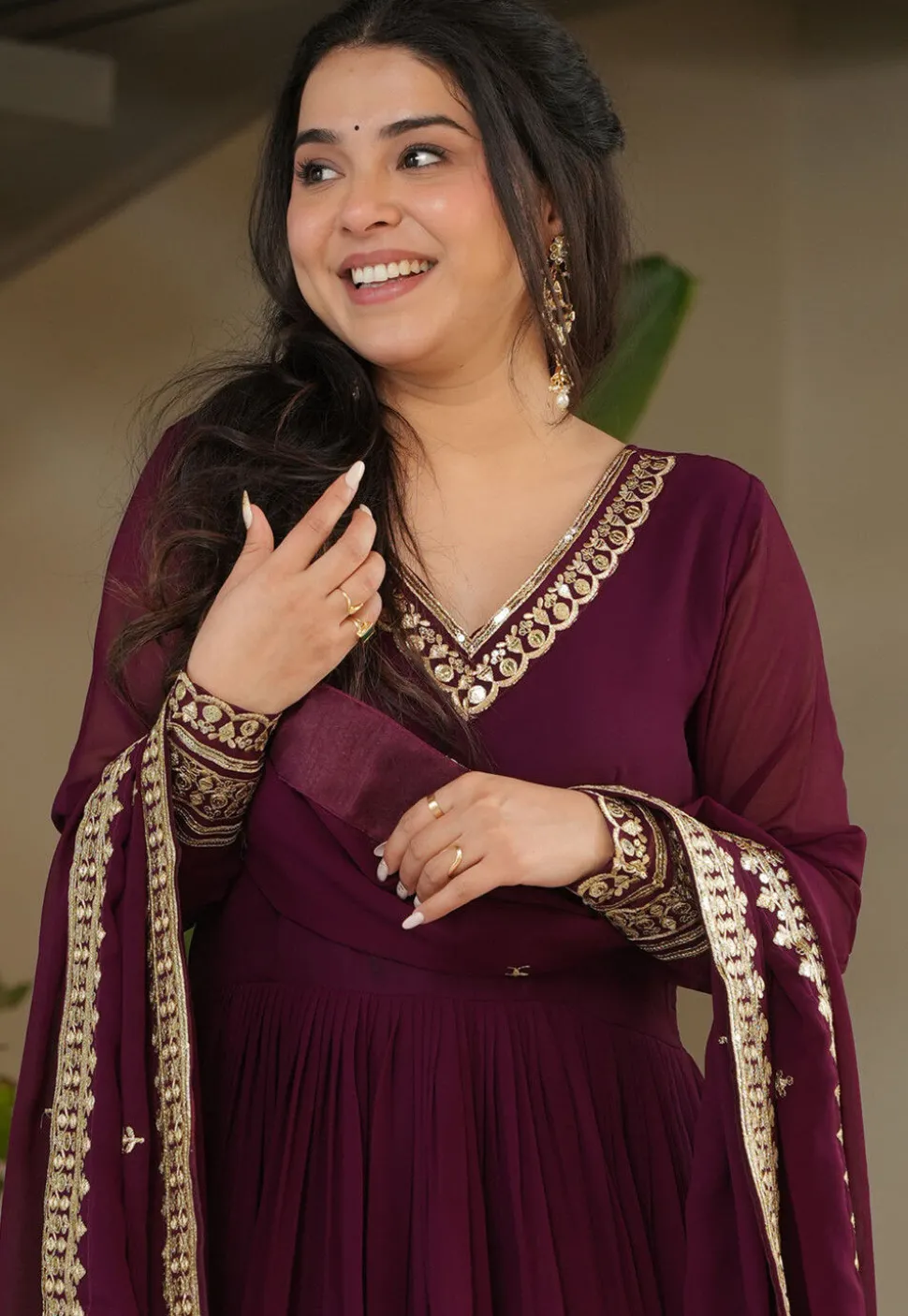 Embroidered Georgette Abaya Style Suit in Purple
