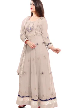 Embroidered Georgette Abaya Style Suit in Fawn