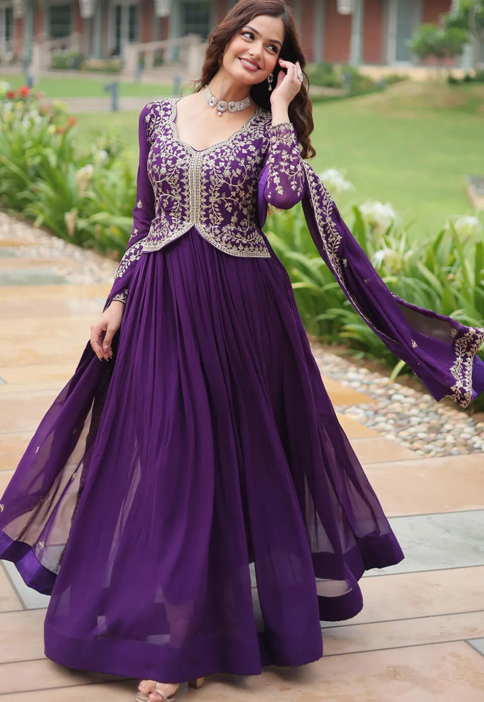 Embroidered Georgette Abaya Style Suit in Dark Purple