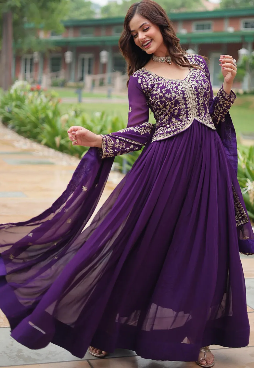 Embroidered Georgette Abaya Style Suit in Dark Purple