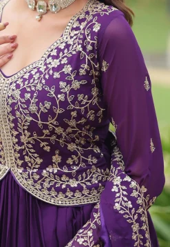 Embroidered Georgette Abaya Style Suit in Dark Purple