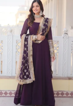 Embroidered Georgette Abaya Style Suit in Purple