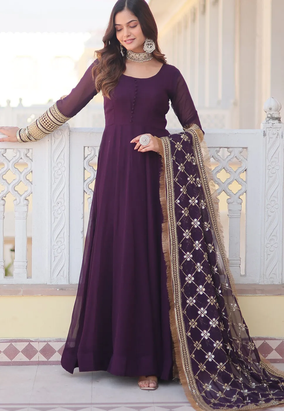 Embroidered Georgette Abaya Style Suit in Purple