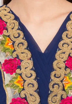 Embroidered Georgette Abaya Style Suit in Navy Blue