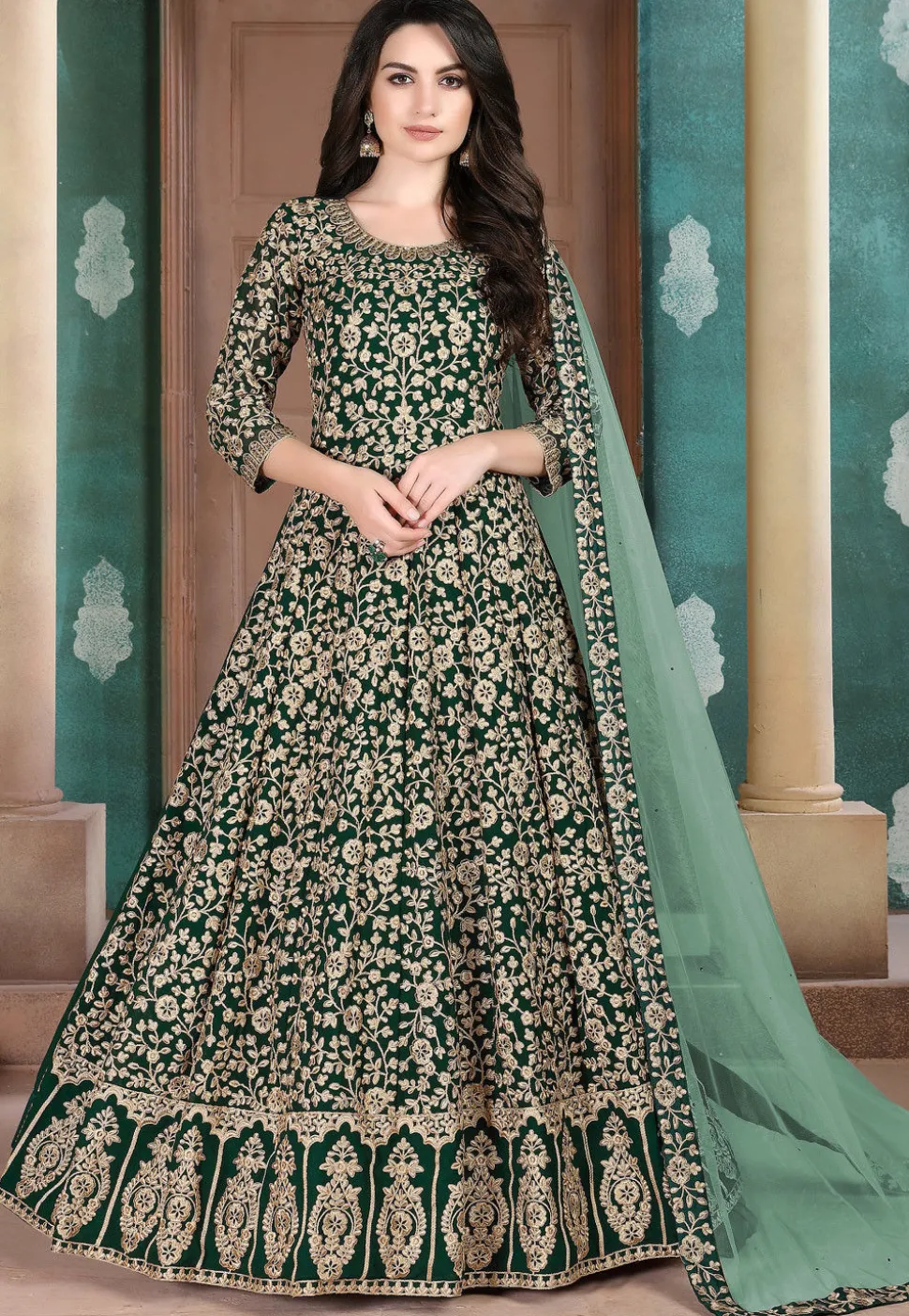 Embroidered Georgette Abaya Style Suit in Dark Green