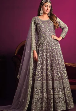 Embroidered Georgette Abaya Style Suit in Dusty Purple