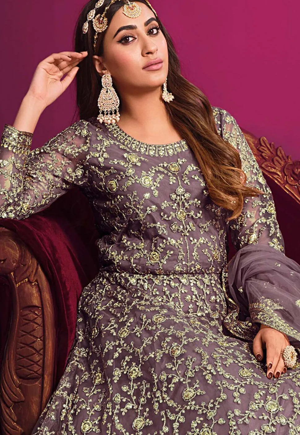 Embroidered Georgette Abaya Style Suit in Dusty Purple