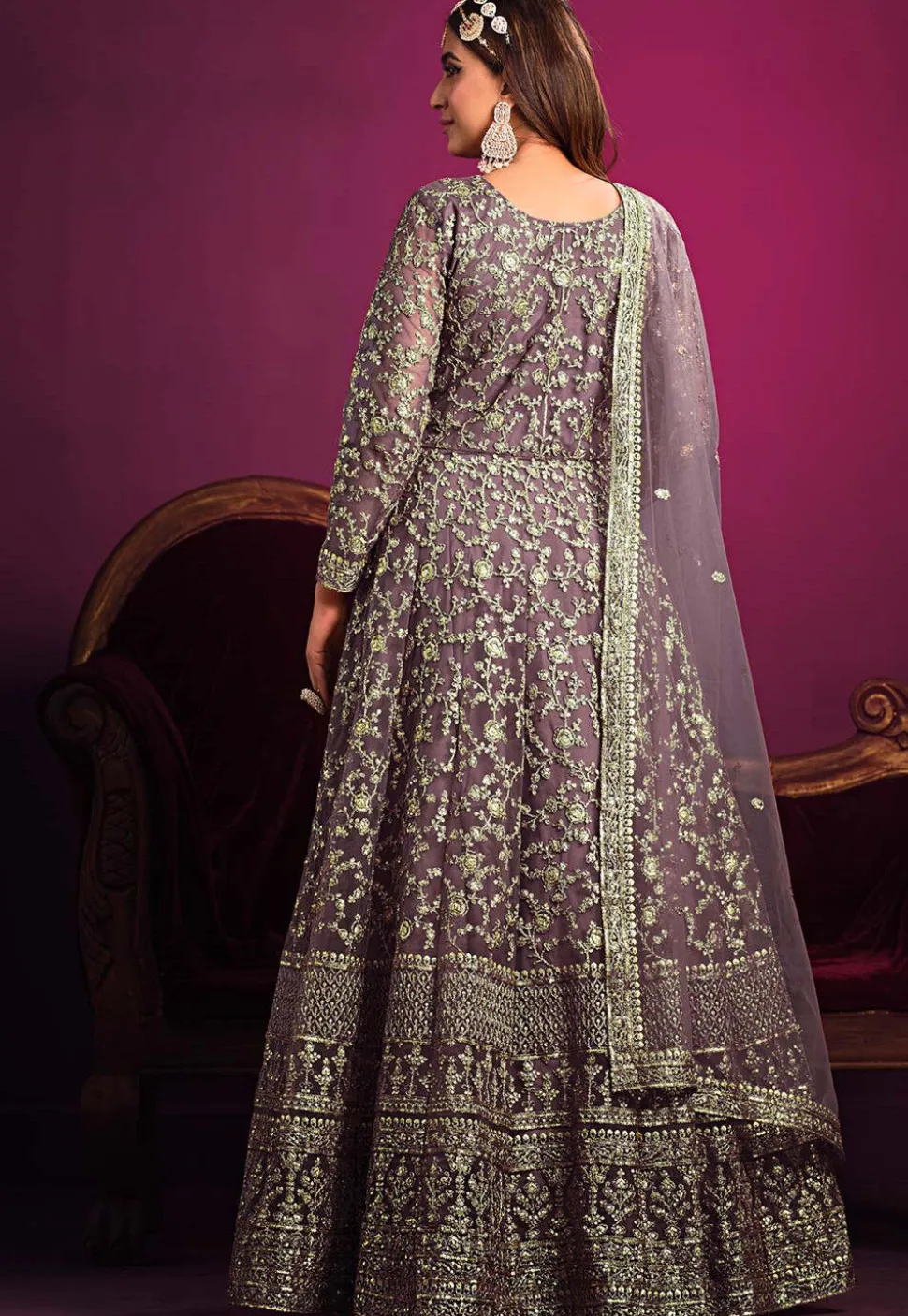Embroidered Georgette Abaya Style Suit in Dusty Purple