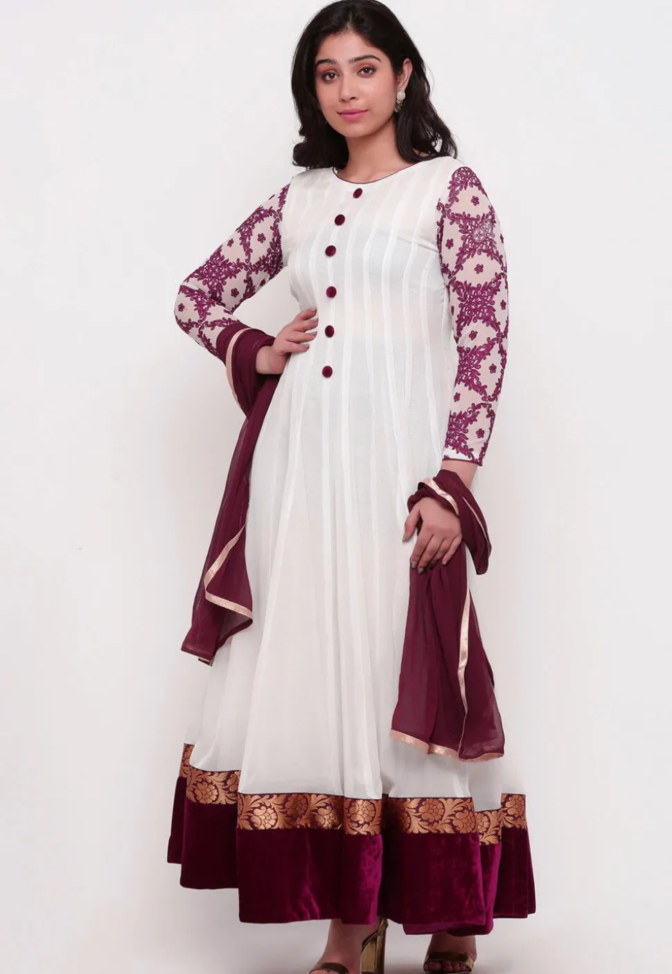 Embroidered Georgette Abaya Style Suit in White