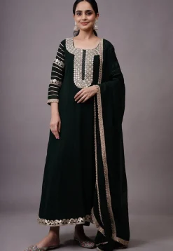 Embroidered Georgette Abaya Style Suit in Dark Green