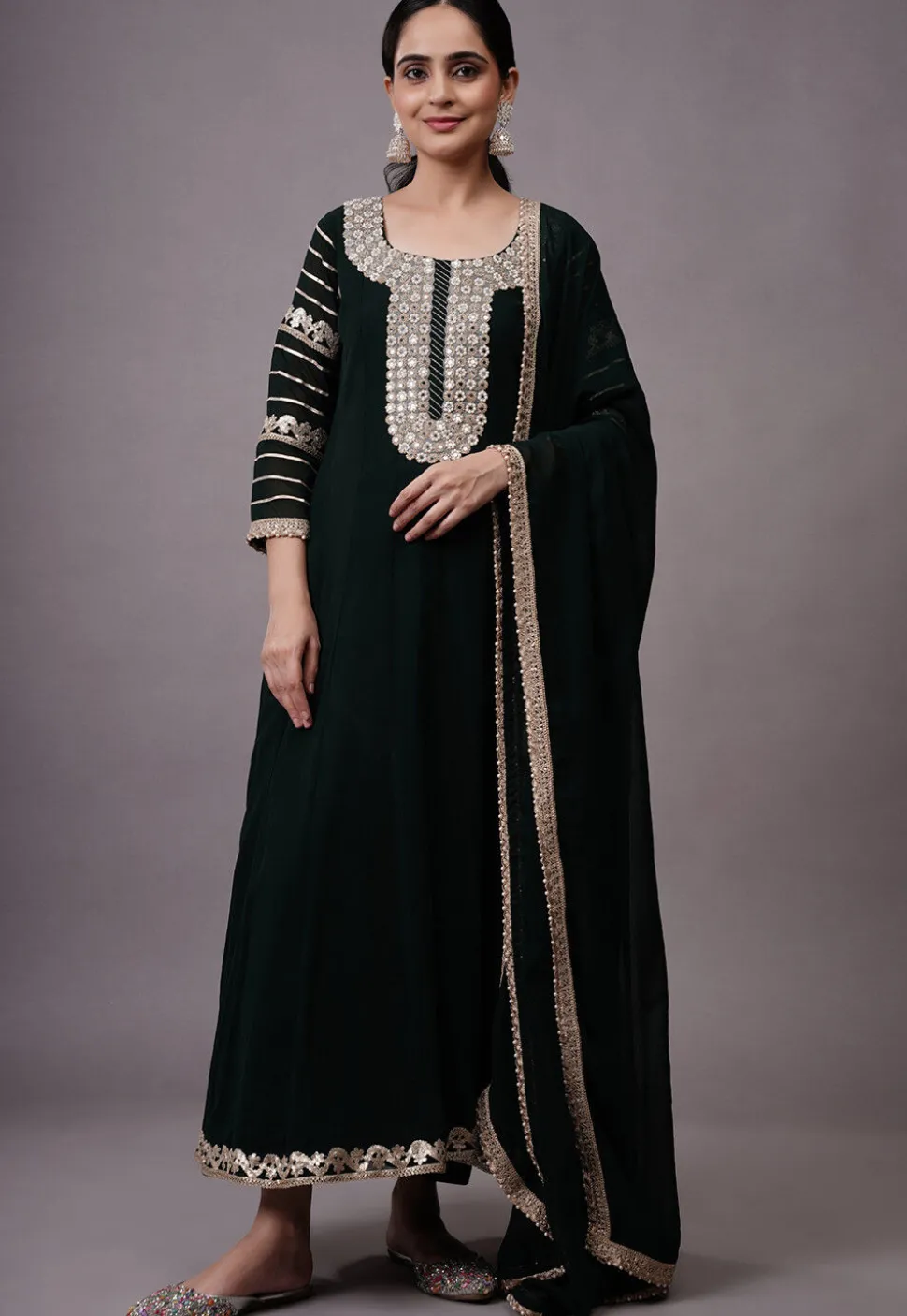 Embroidered Georgette Abaya Style Suit in Dark Green