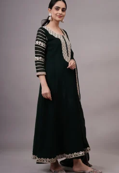 Embroidered Georgette Abaya Style Suit in Dark Green