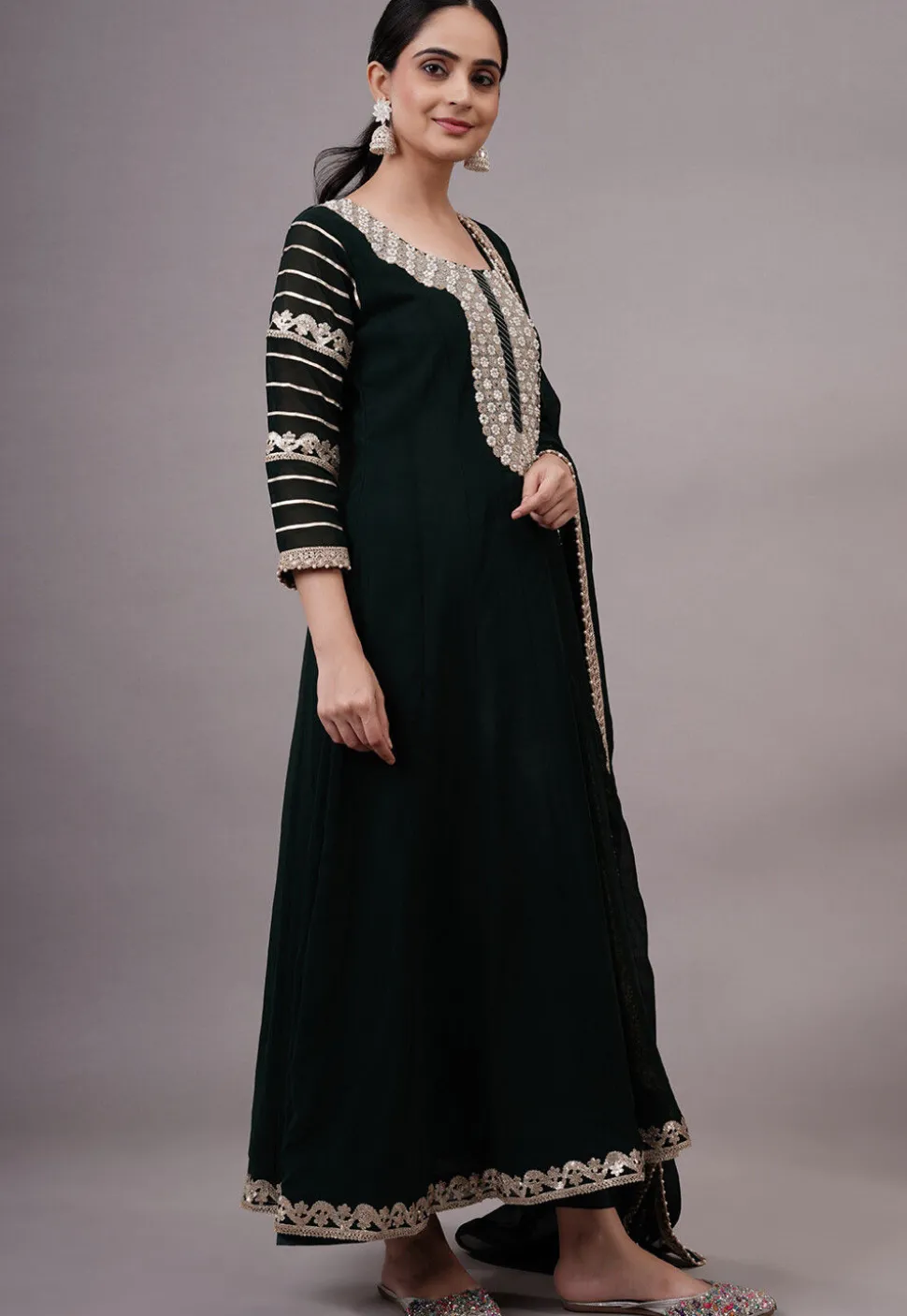 Embroidered Georgette Abaya Style Suit in Dark Green