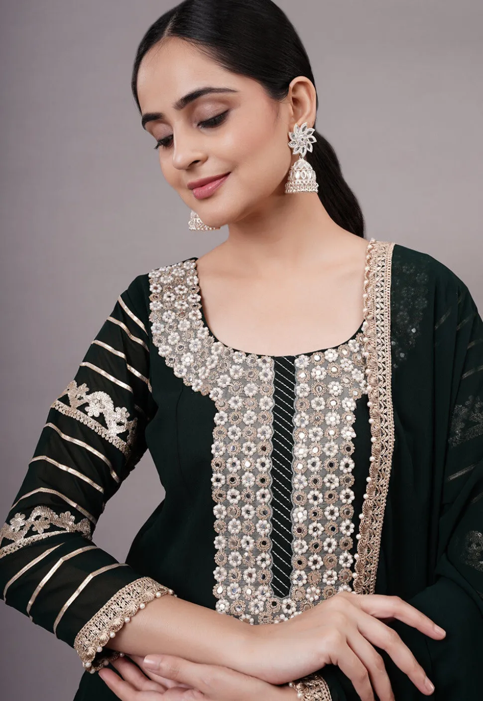 Embroidered Georgette Abaya Style Suit in Dark Green
