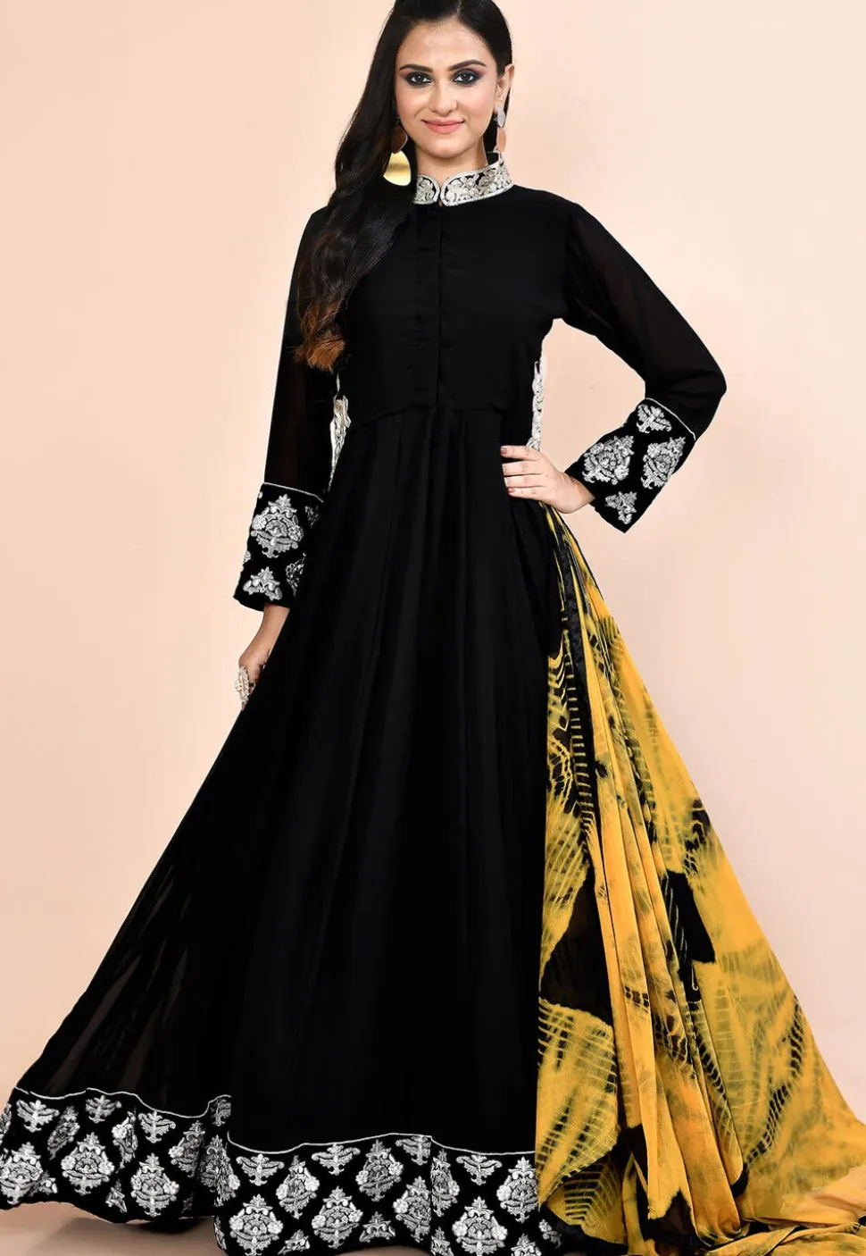 Embroidered Georgette Abaya Style Suit in Black
