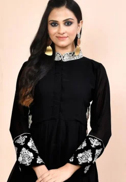 Embroidered Georgette Abaya Style Suit in Black