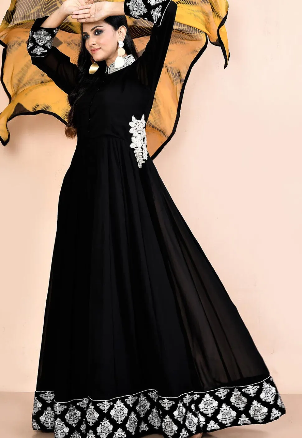 Embroidered Georgette Abaya Style Suit in Black