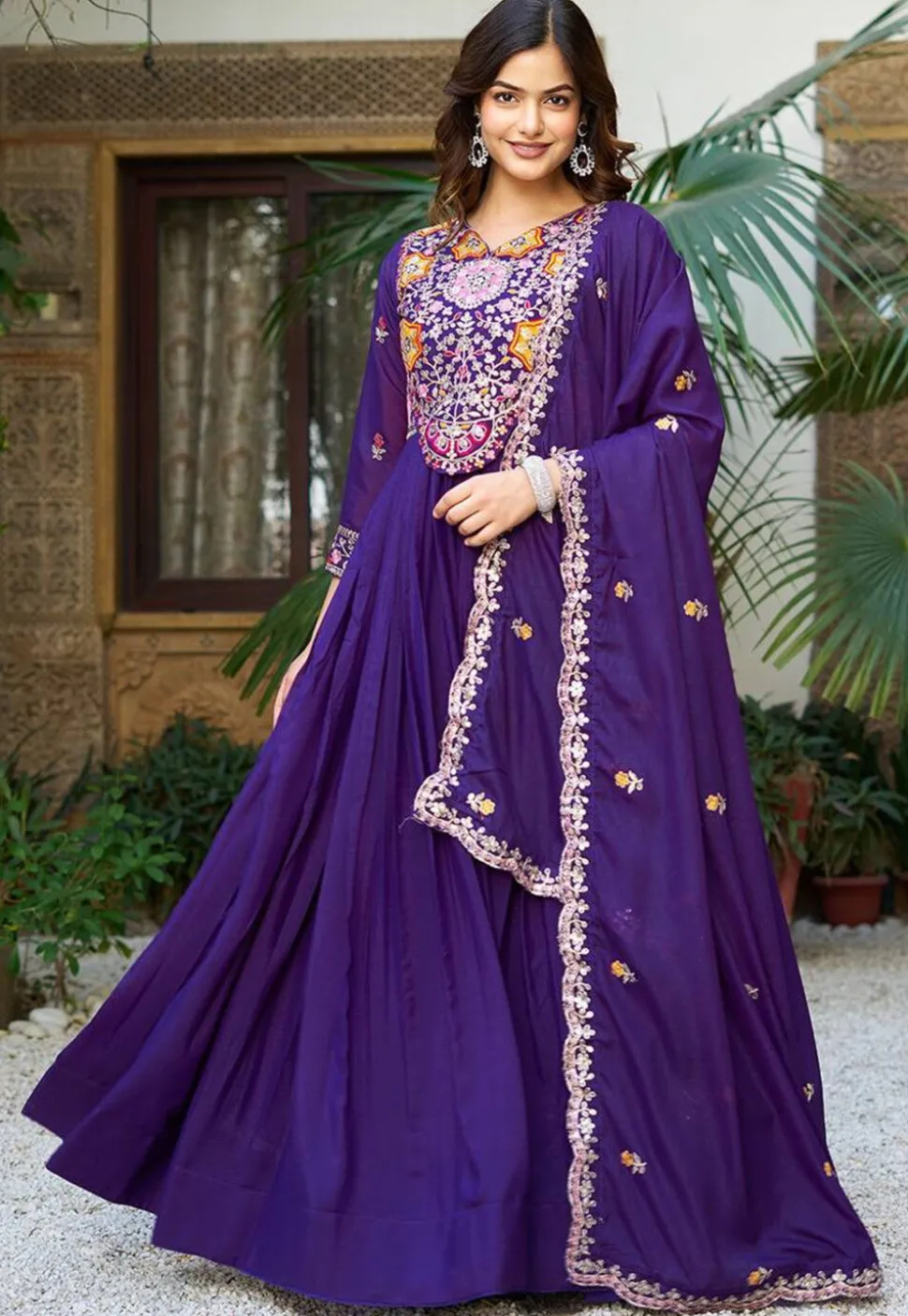 Embroidered Georgette Abaya Style Suit in Purple