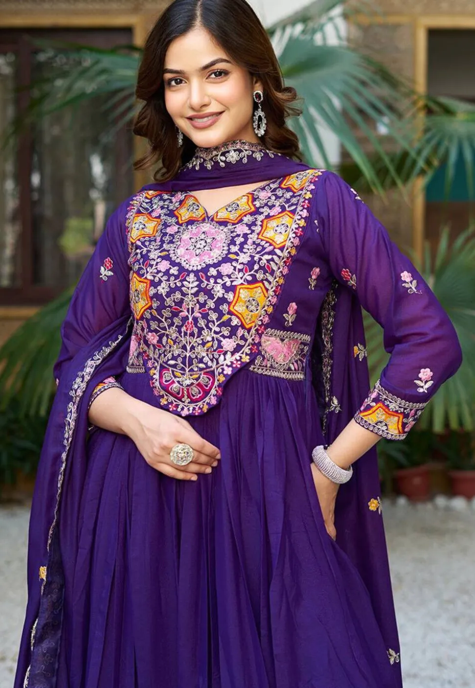 Embroidered Georgette Abaya Style Suit in Purple