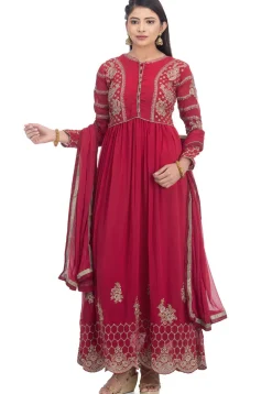 Embroidered Georgette Abaya Style Suit in Maroon