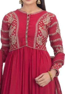 Embroidered Georgette Abaya Style Suit in Maroon