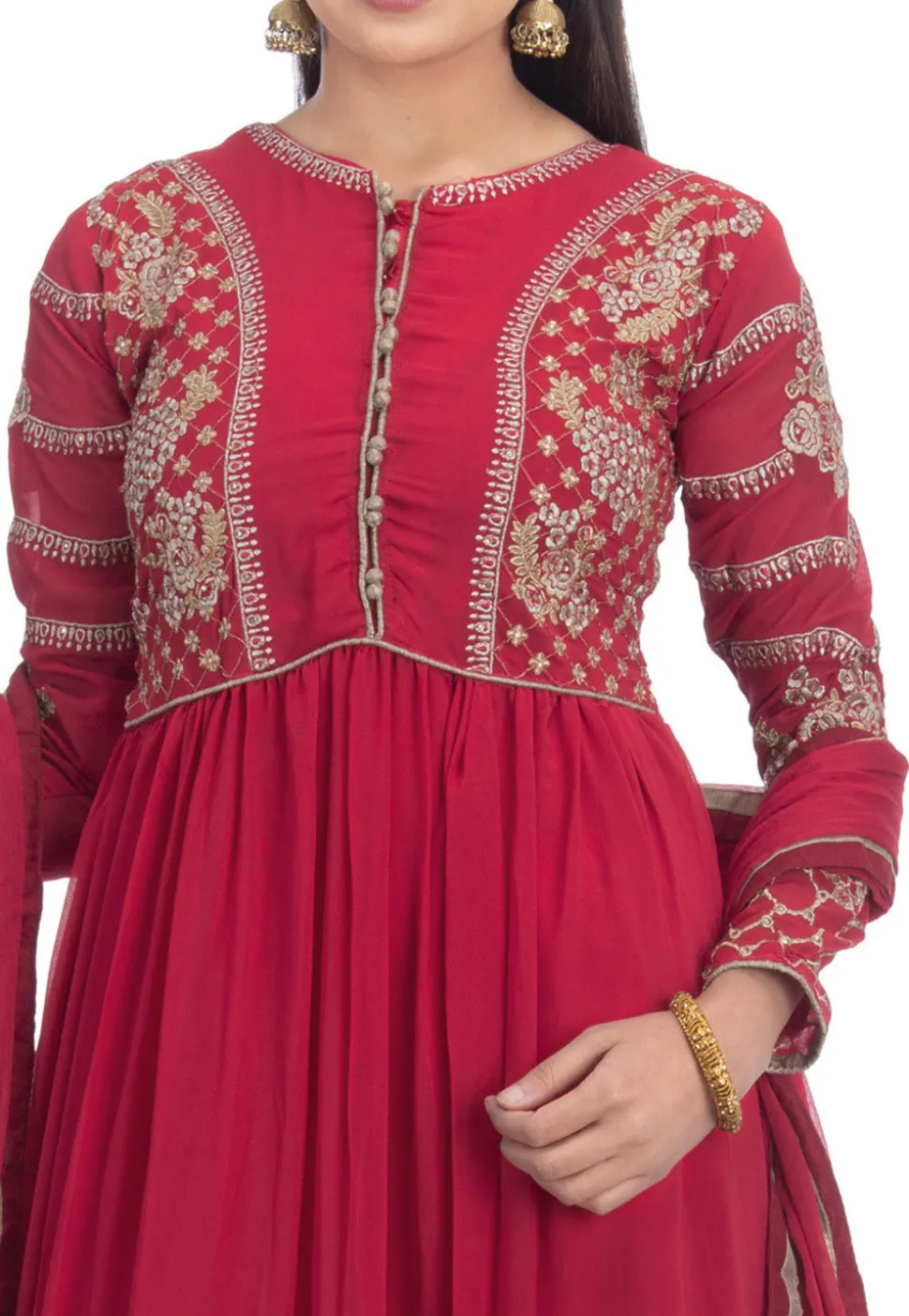 Embroidered Georgette Abaya Style Suit in Maroon