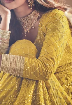 Embroidered Georgette Abaya Style Suit in Mustard