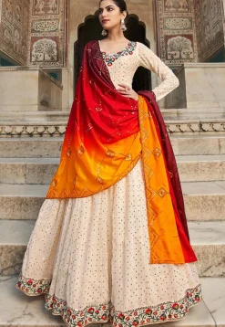 Embroidered Georgette Abaya Style Suit in Cream